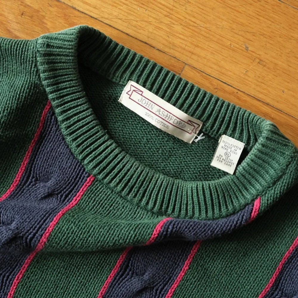 John Ashford Sweater Cable Knit Green Striped 100% Cotton XL Vintage Preppy 3437